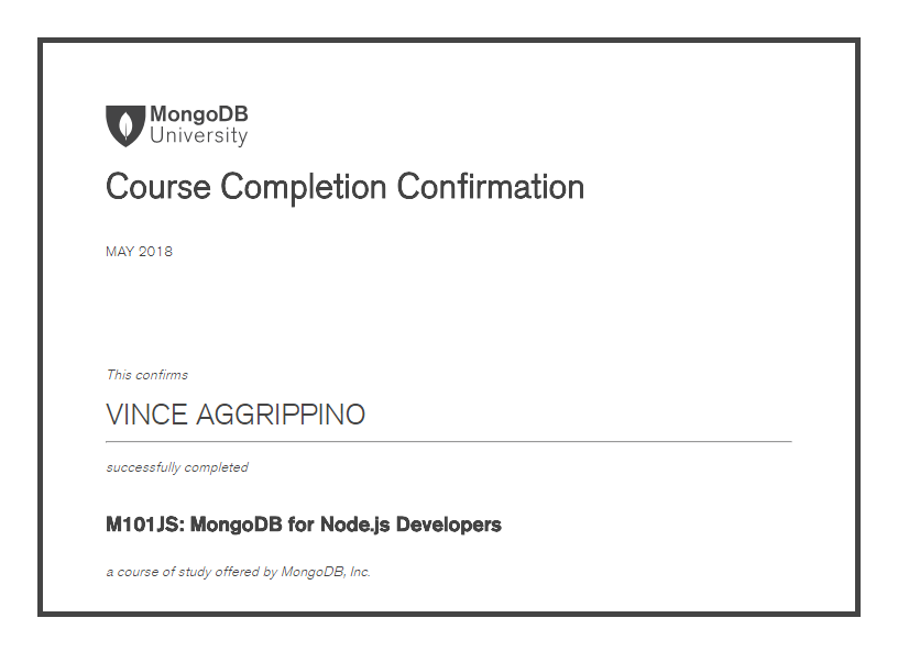 MongoDB University MongoDB for Node.js Developers certificate
